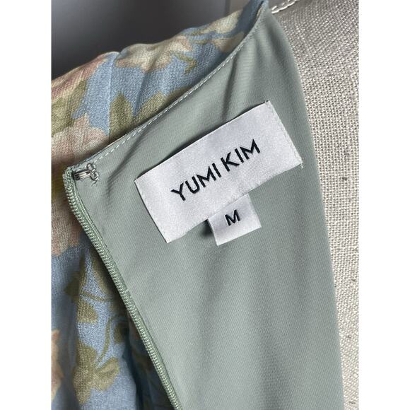 Yumi Kim Floral Ruched Midi Dress M Blue Ruffle Hem Cottagecore Romantic Spring - Picture 7 of 8